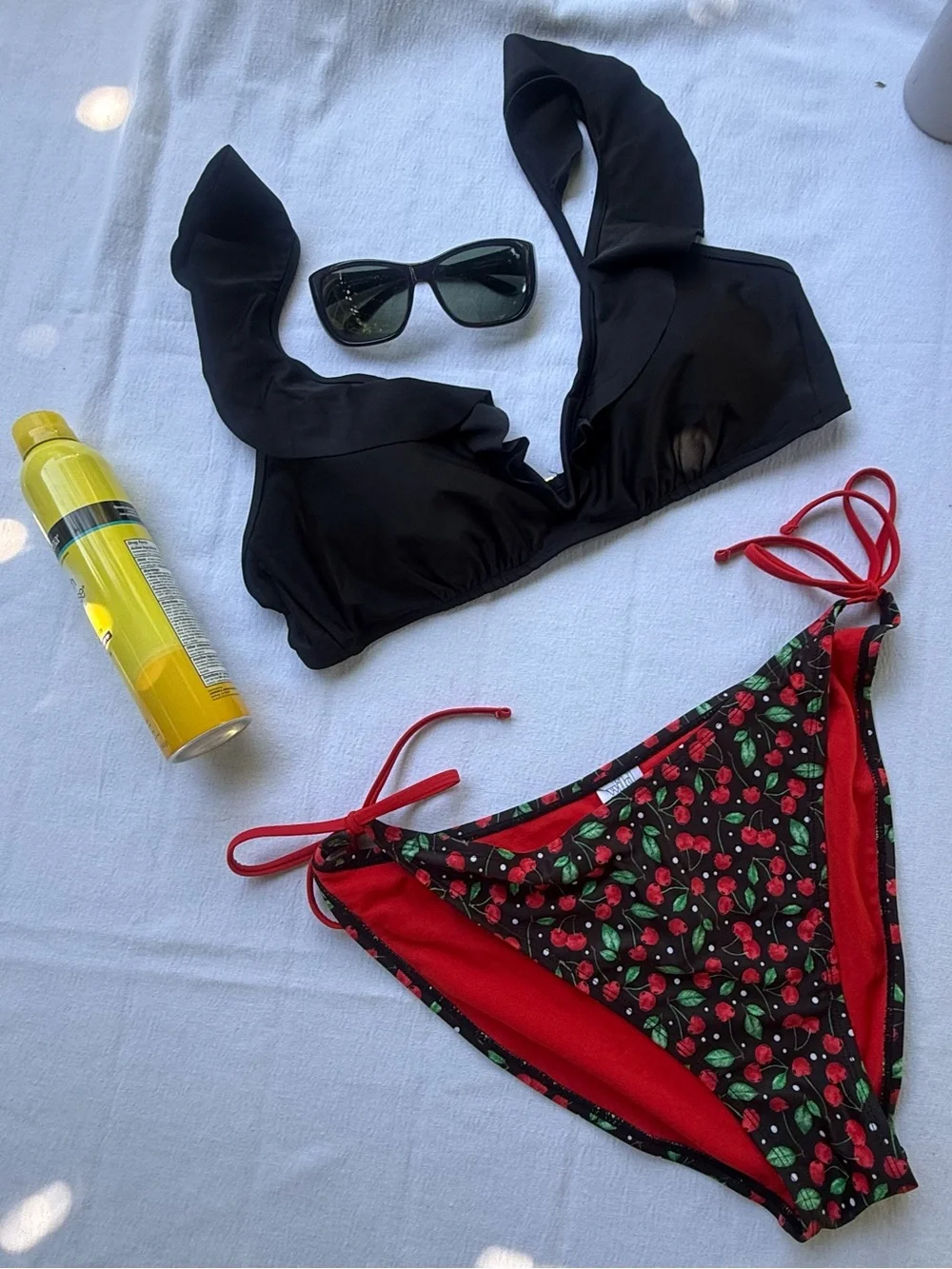 Size XL Black Ruffle Bikini Top with Cherry Print Tie-Side Bottoms